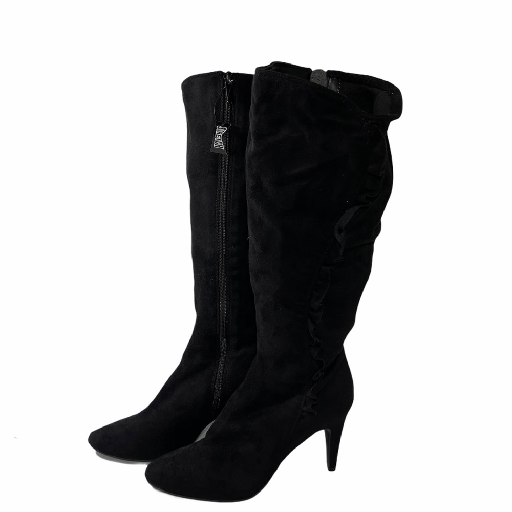 Jaclyn Smith Black Heeled Microsuede Ruffled Boot